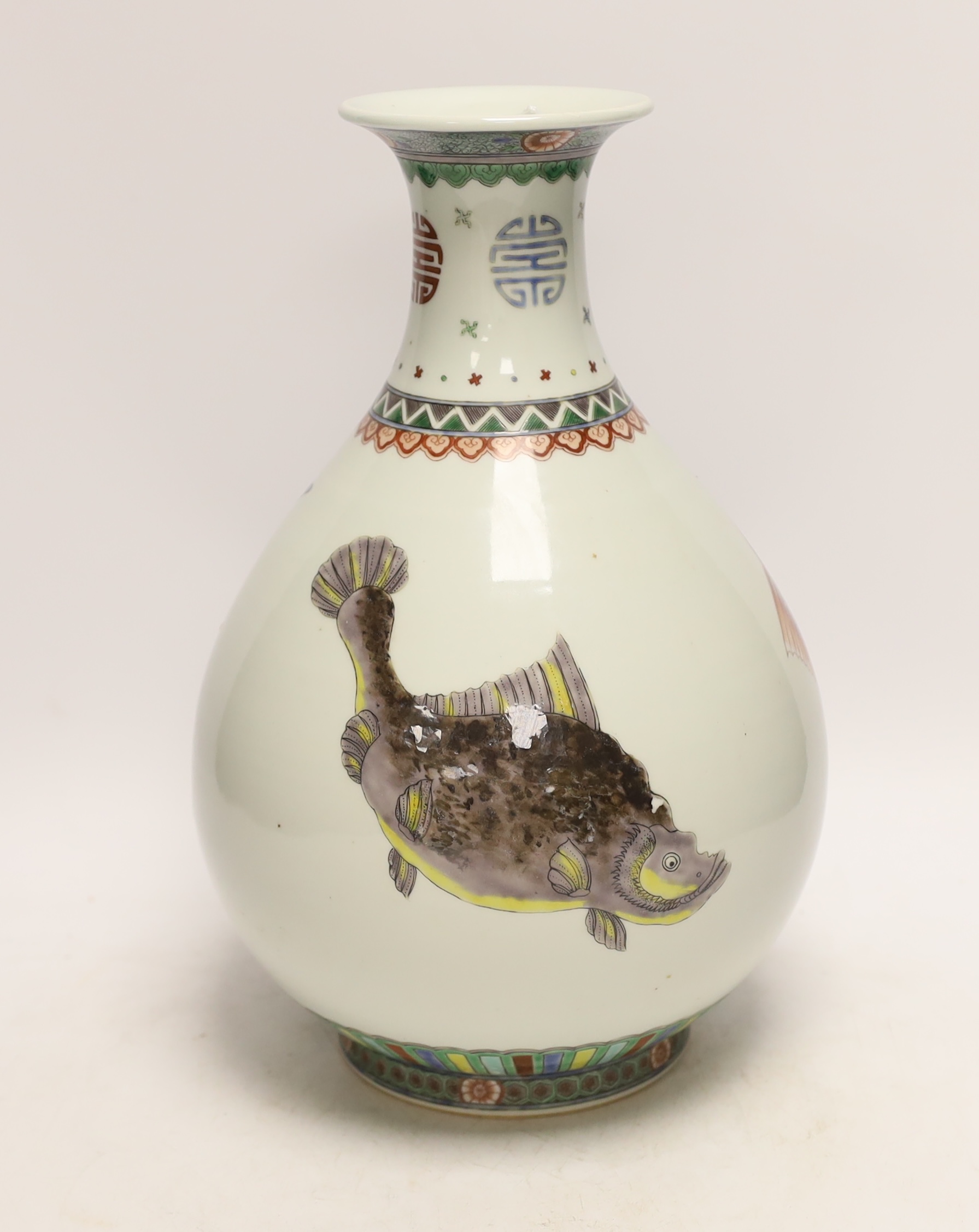 A Chinese famille verte ‘fish’ vase, Kangxi mark but later, 32cm